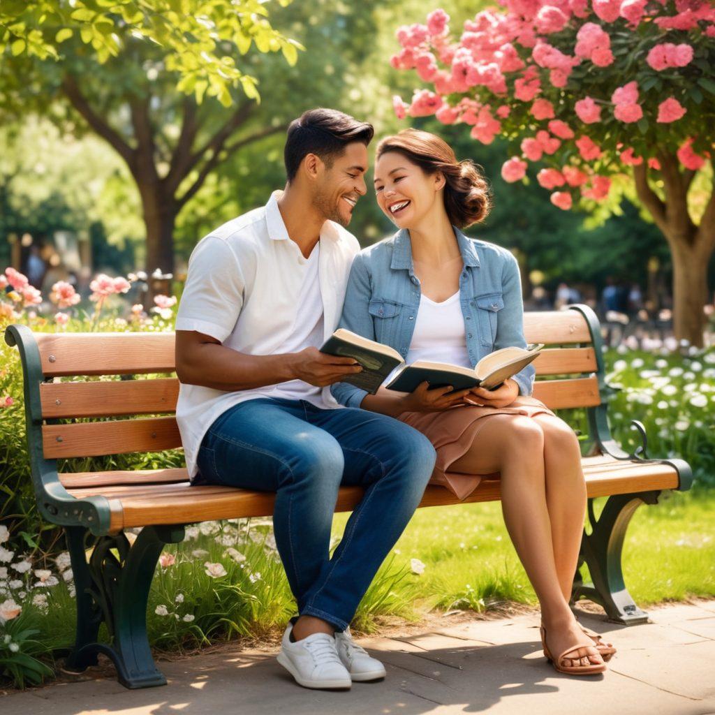 A serene couple sitting on a park bench, laughing gently while sharing a book about love, surrounded by blooming flowers and soft sunlight filtering through the trees. In the background, diverse couples engage joyfully in various activities, symbolizing connection and understanding in the modern dating world. The image conveys warmth, intimacy, and harmony. vibrant colors. super-realistic.