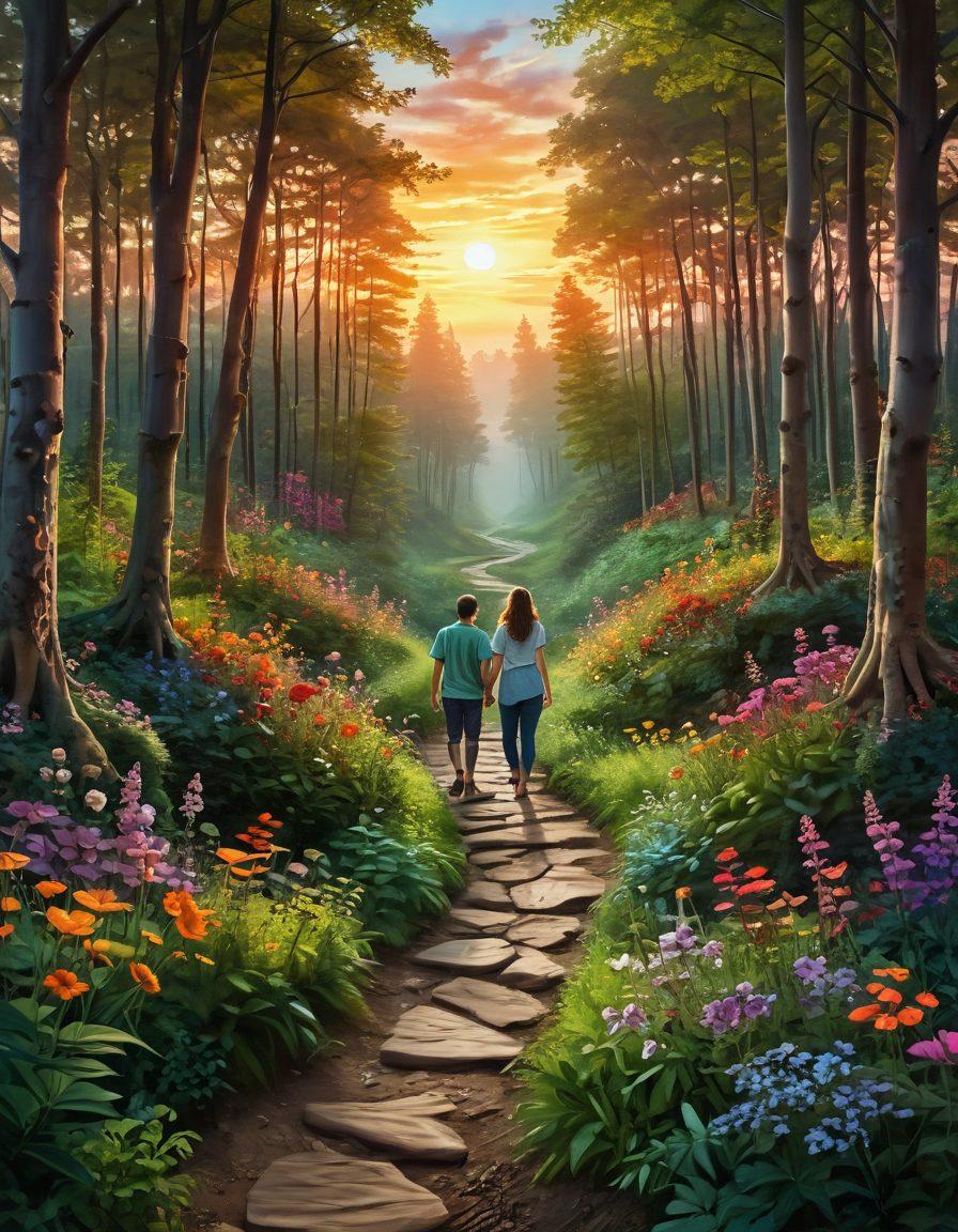 A whimsical path winding through a lush green forest, with vibrant flowers symbolizing friendship on one side and playful heart shapes representing romance on the other. Include a warm sunset sky creating a romantic atmosphere while two figures walk hand-in-hand, reflecting companionship and love. The scene should convey a sense of journey and transformation in relationships. vibrant colors. super-realistic.