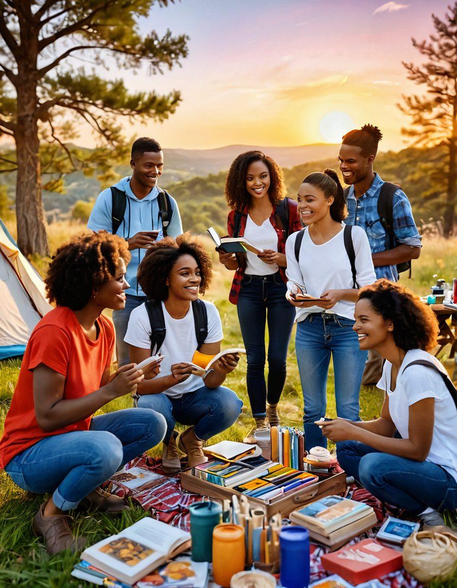 A diverse group of friends engaging in various hobbies such as painting, hiking, and cooking, smiling and interacting warmly, surrounded by elements representing shared interests like books, art supplies, and a picnic setup. The background showcases a vibrant sunset to symbolize connection and warmth. soft focus. vibrant colors. 3D.